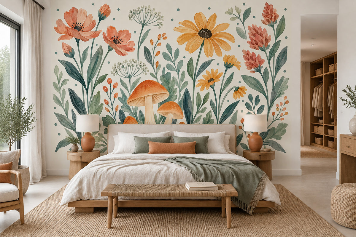 Watercolor Wildflowers Wallpaper Muted Green Botanical Wall Mural