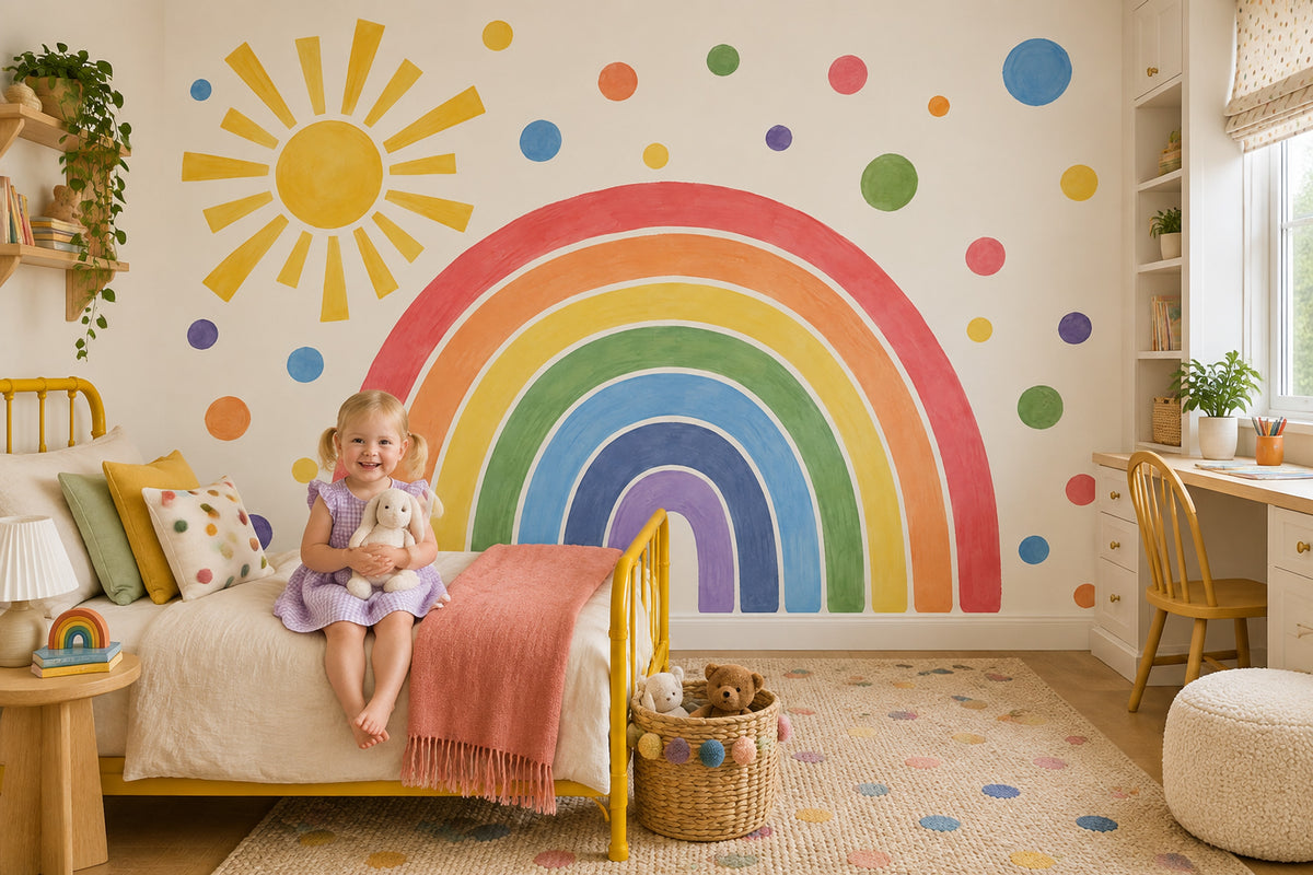 Watercolor Rainbow And Sun Wallpaper Playful Dots Wall Mural