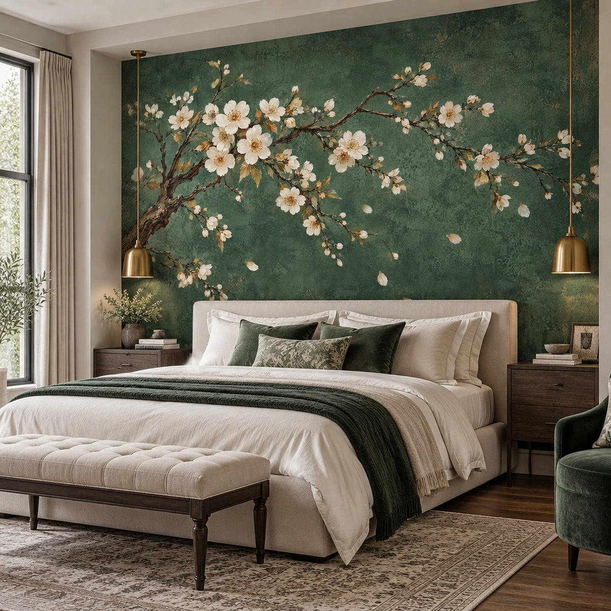 Cherry Blossoms Wallpaper Dark Green Vintage Wall Mural