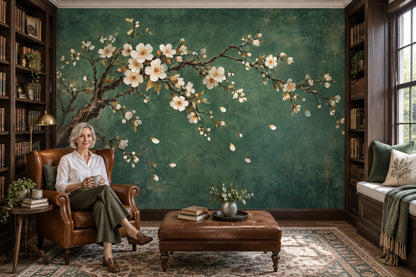 Cherry Blossoms Wallpaper Dark Green Vintage Wall Mural