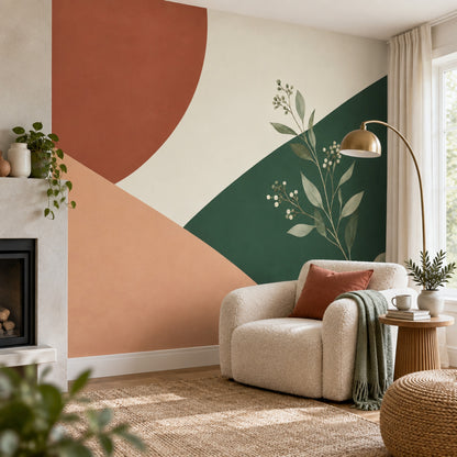 Abstract Botanical Shapes Wallpaper Terracotta Green Geometric Wall Mural