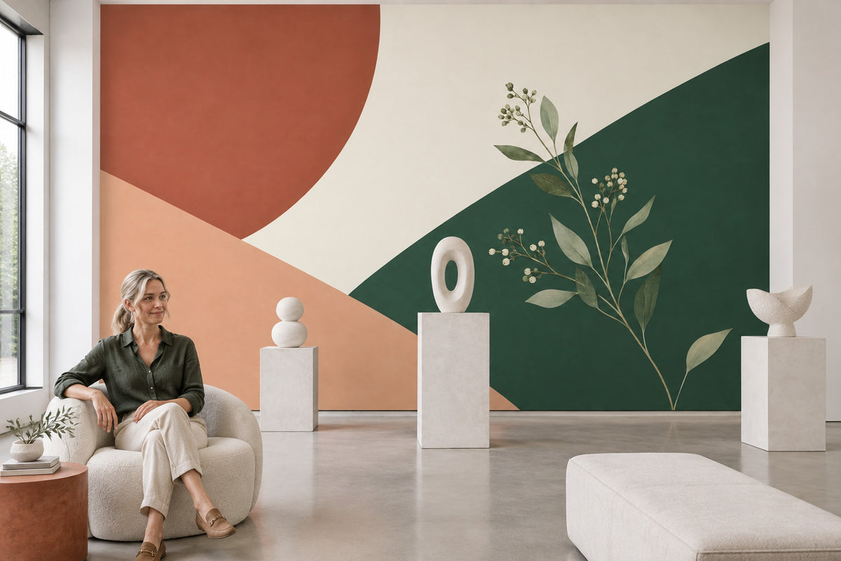 Abstract Botanical Shapes Wallpaper Terracotta Green Geometric Wall Mural