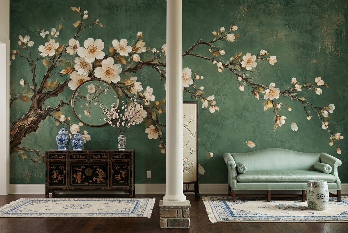 Cherry Blossoms Wallpaper Dark Green Vintage Wall Mural
