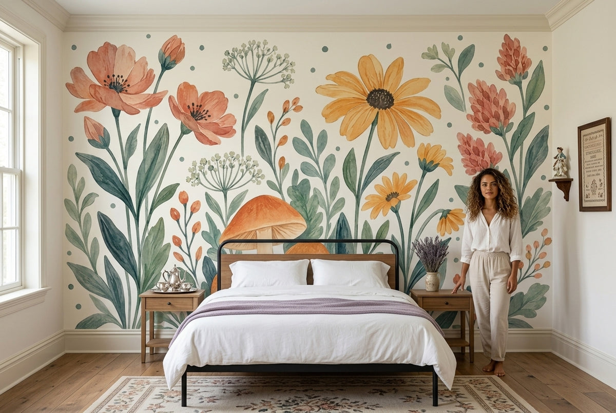 Watercolor Wildflowers Wallpaper Muted Green Botanical Wall Mural