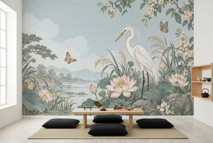 Heron And Lotus Wallpaper Chinoiserie Floral Landscape Wall Mural