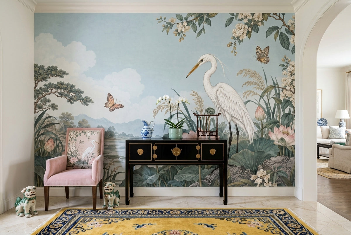 Heron And Lotus Wallpaper Chinoiserie Floral Landscape Wall Mural