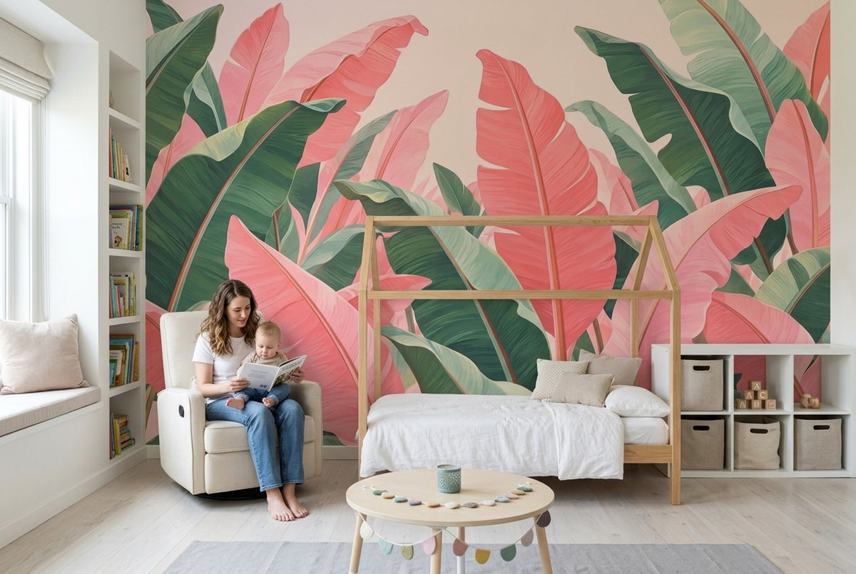 Tropical Leaves Wallpaper Pink Banana Leaf Wall Mural