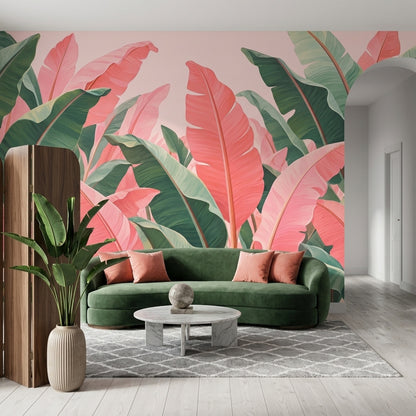 Tropical Leaves Wallpaper Pink Banana Leaf Wall Mural