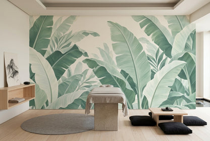 Tropical Banana Leaves Wallpaper Cream Background Wall Mural