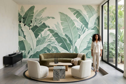 Tropical Banana Leaves Wallpaper Cream Background Wall Mural