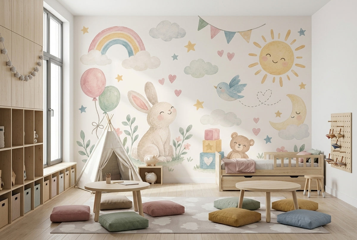 Watercolor Nursery Bunny Wallpaper Pastel Rainbow Wall Mural