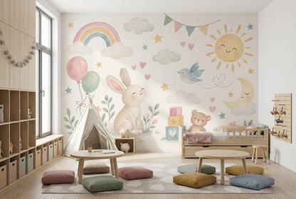 Watercolor Nursery Bunny Wallpaper Pastel Rainbow Wall Mural