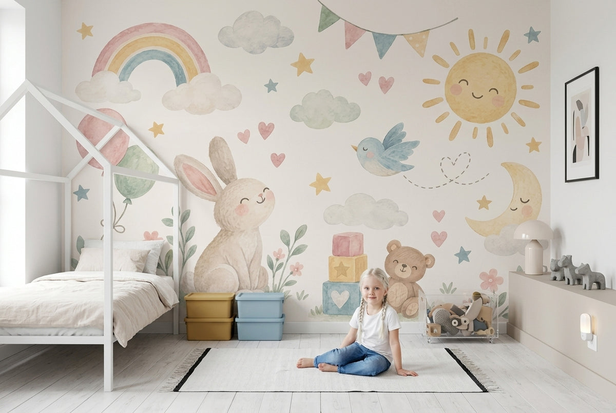 Watercolor Nursery Bunny Wallpaper Pastel Rainbow Wall Mural