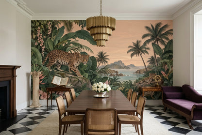 Leopard Jungle Coast Wallpaper Vintage Tropical Wall Mural