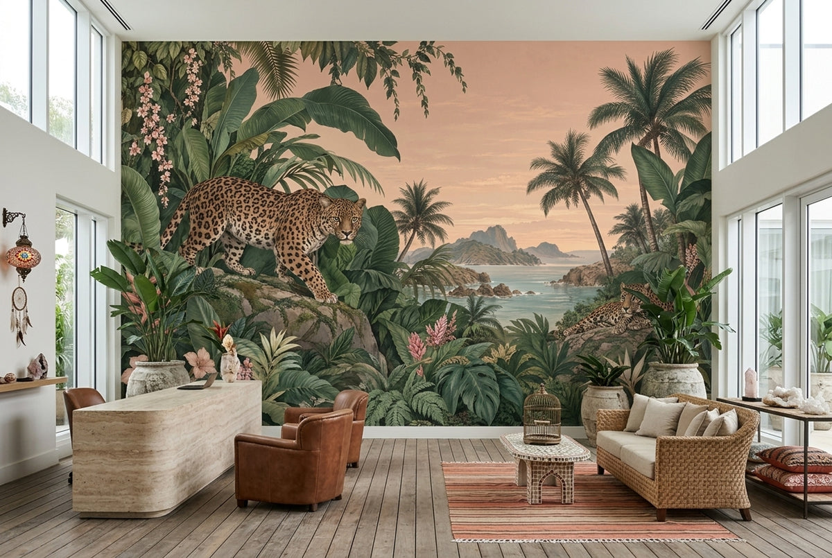 Leopard Jungle Coast Wallpaper Vintage Tropical Wall Mural