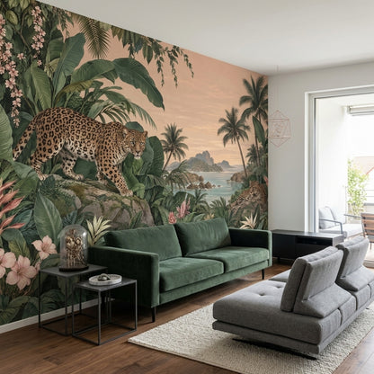 Leopard Jungle Coast Wallpaper Vintage Tropical Wall Mural