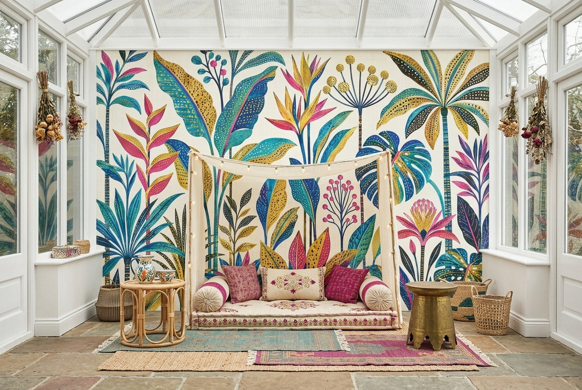 Tropical Botanical Wallpaper Teal Leaves And Gold Accents Wall Mural