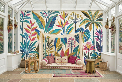 Tropical Botanical Wallpaper Teal Leaves And Gold Accents Wall Mural
