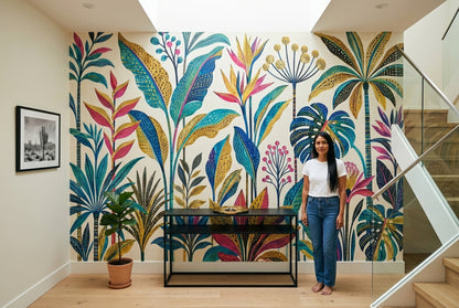 Tropical Botanical Wallpaper Teal Leaves And Gold Accents Wall Mural
