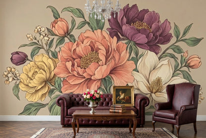 Vintage Peony Wallpaper Beige Botanical Wall Mural