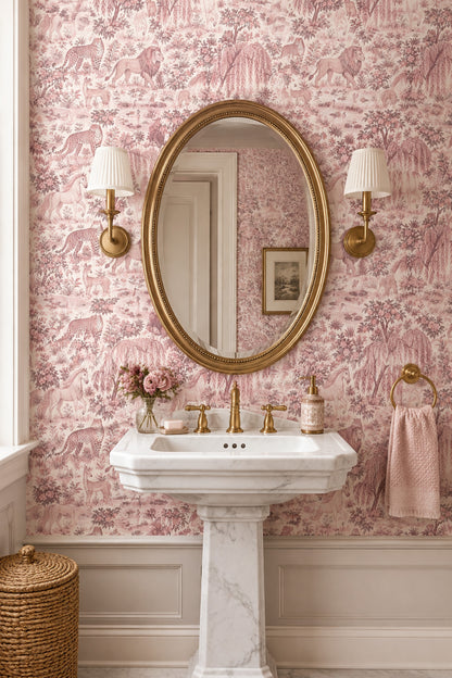 Woodland Animals Pond Wallpaper Vintage Toile On White Background