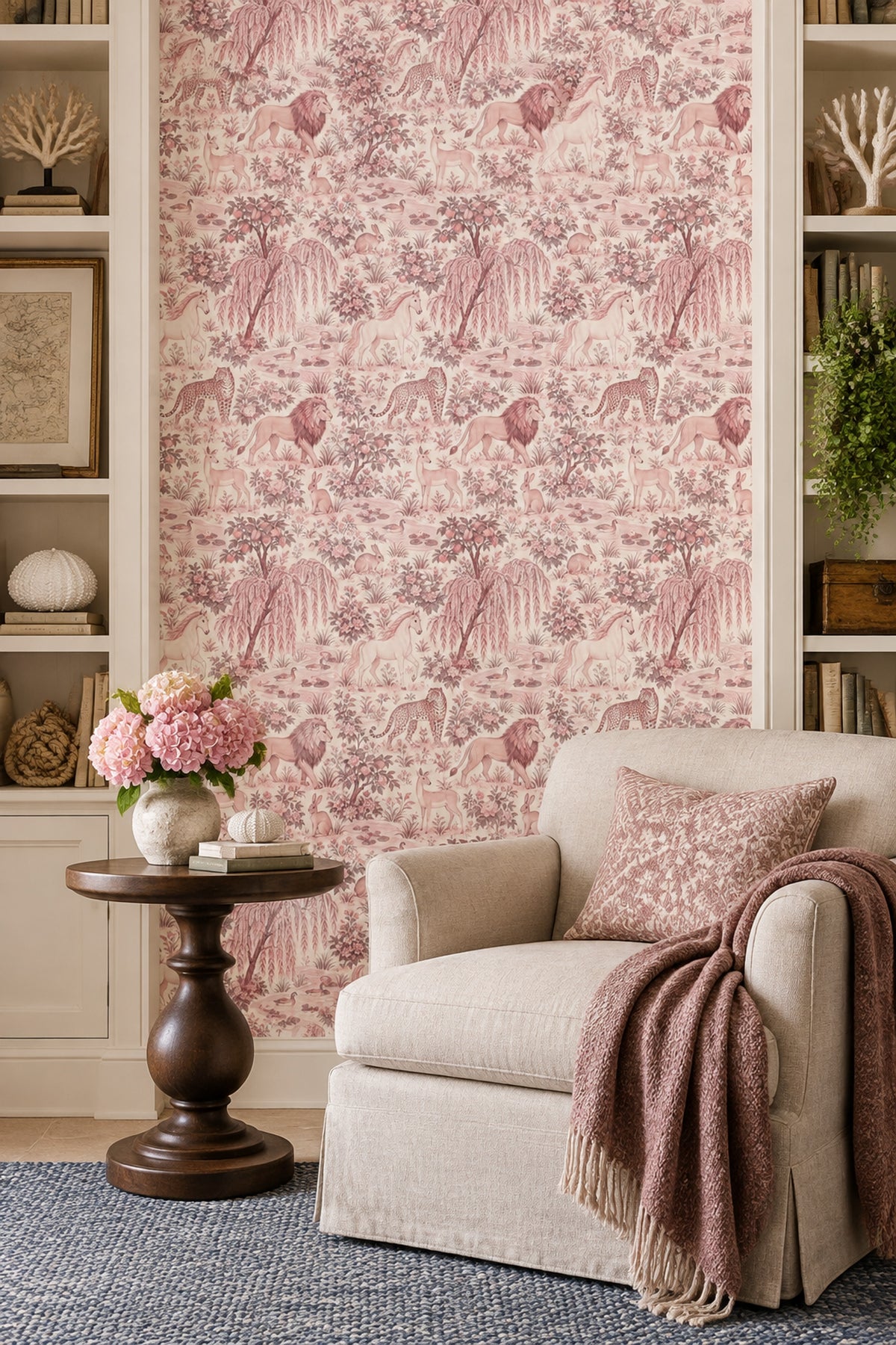 Woodland Animals Pond Wallpaper Vintage Toile On White Background