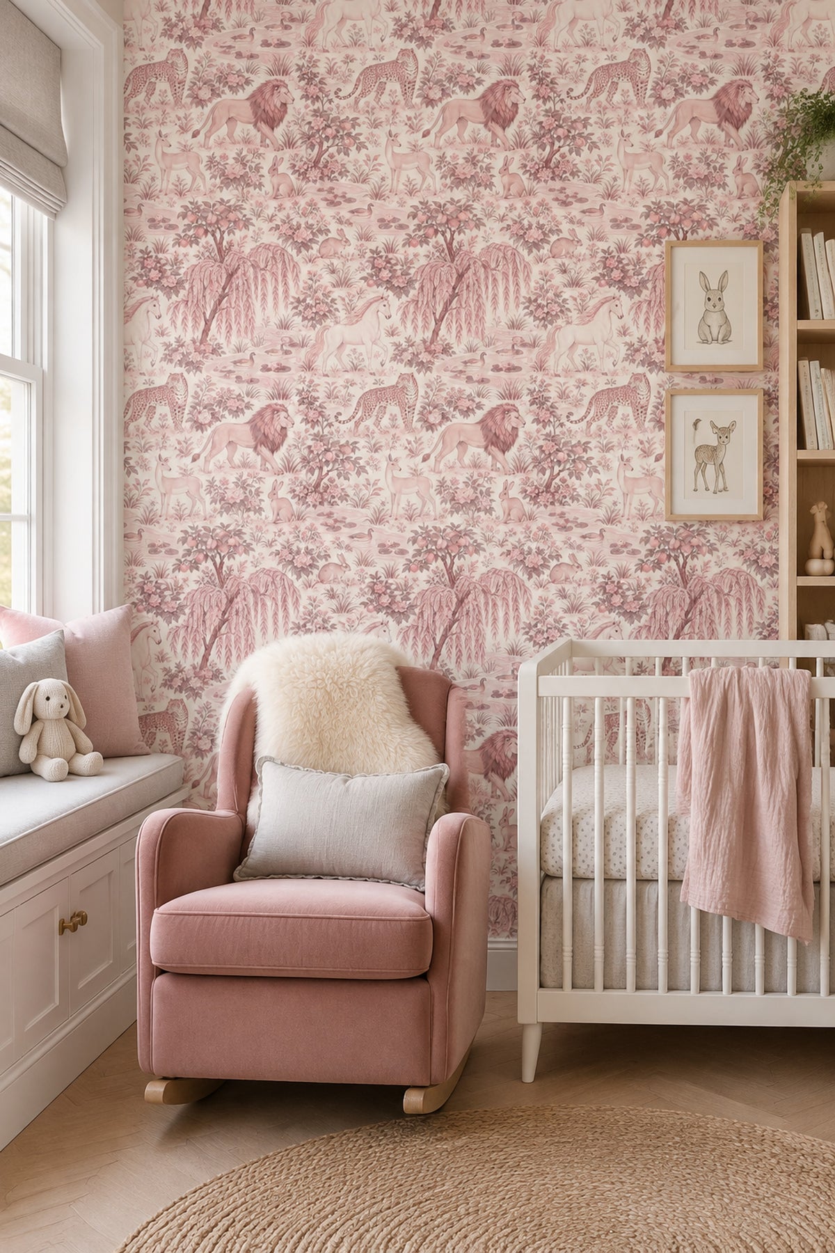 Woodland Animals Pond Wallpaper Vintage Toile On White Background