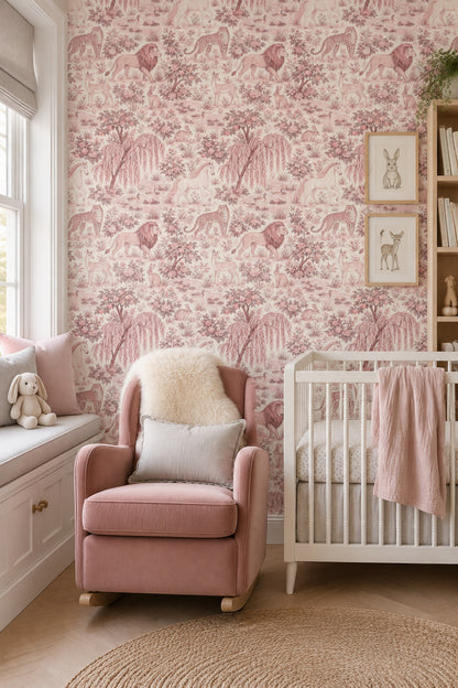 Woodland Animals Pond Wallpaper Vintage Toile On White Background