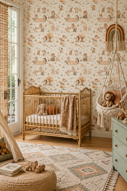 Woodland Animals Wallpaper Muted Green Watercolor Pattern