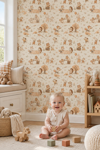 Woodland Animals Wallpaper Muted Green Watercolor Pattern