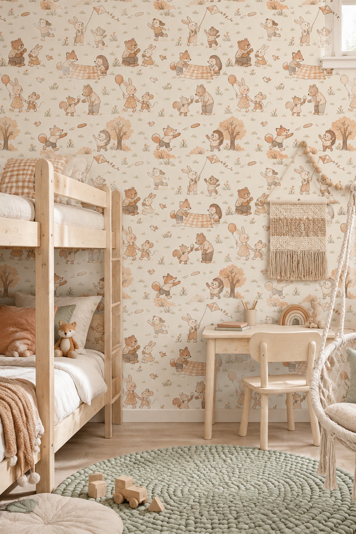 Woodland Animals Wallpaper Muted Green Watercolor Pattern