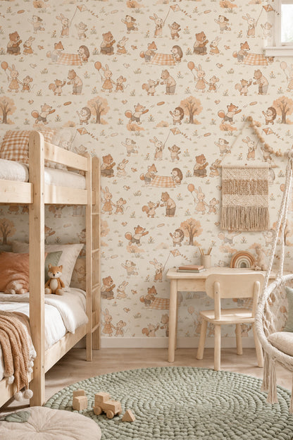 Woodland Animals Wallpaper Muted Green Watercolor Pattern