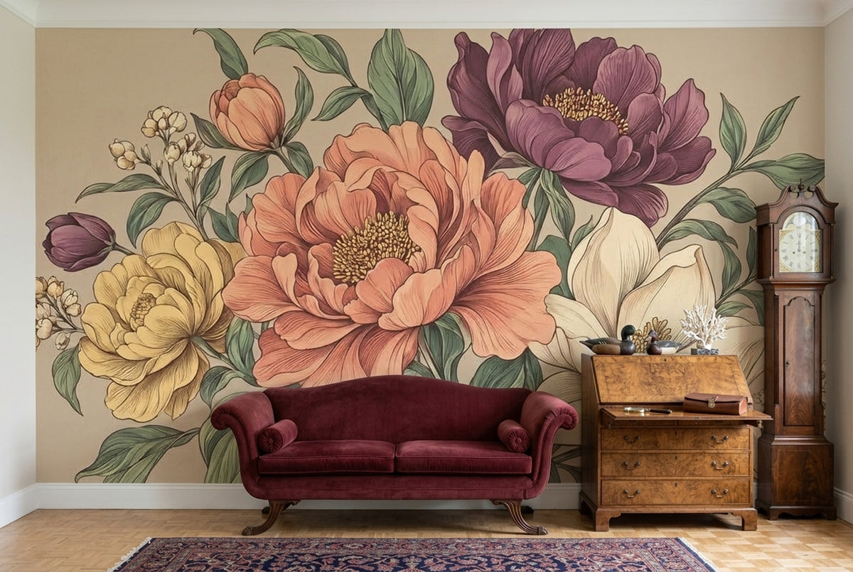Vintage Peony Wallpaper Beige Botanical Wall Mural