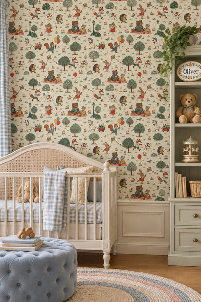 Woodland Animals Wallpaper Muted Green Park Scene