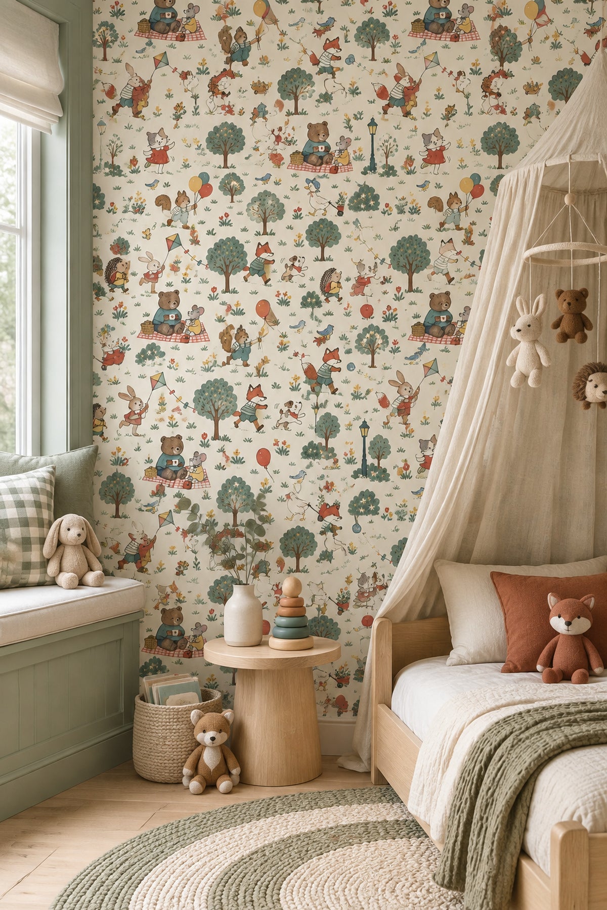 Woodland Animals Wallpaper Muted Green Park Scene