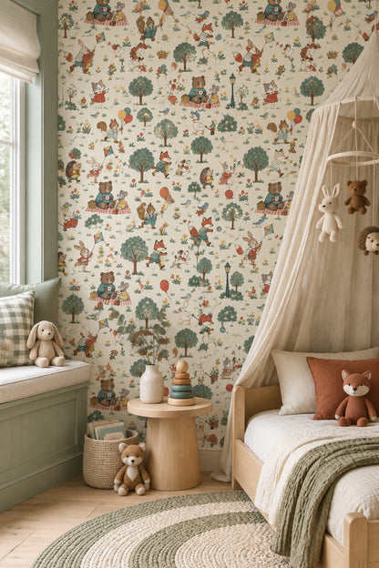 Woodland Animals Wallpaper Muted Green Park Scene