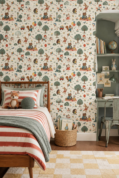 Woodland Animals Wallpaper Muted Green Park Scene