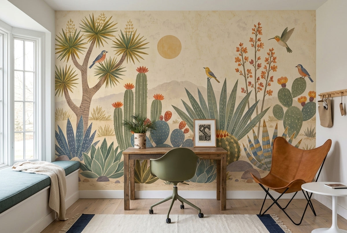 Desert Cactus Wallpaper Vintage Botanical Wall Mural