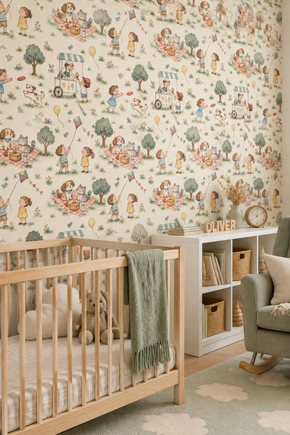 Children In The Park Picnic Wallpaper Watercolor Pastel Pattern