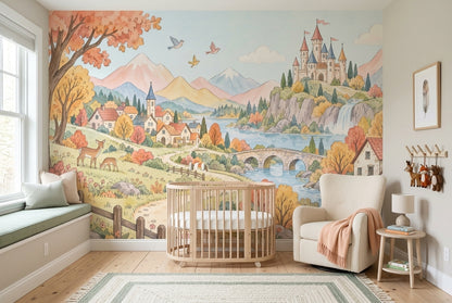 Watercolor Castle Landscape Wallpaper Pastel Storybook Wall Mural