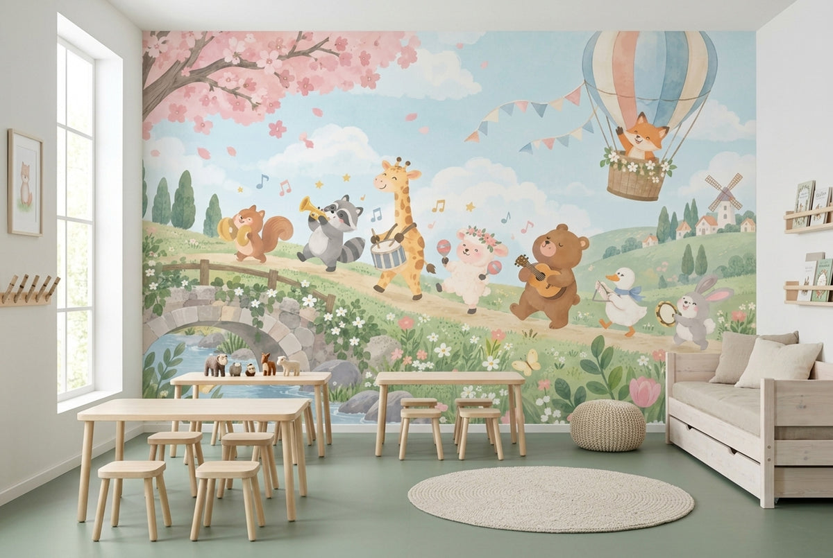 Watercolor Animal Orchestra Wallpaper Fairy Tale Landscape Wall Mural