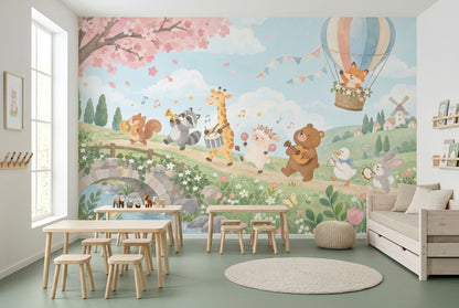 Watercolor Animal Orchestra Wallpaper Fairy Tale Landscape Wall Mural
