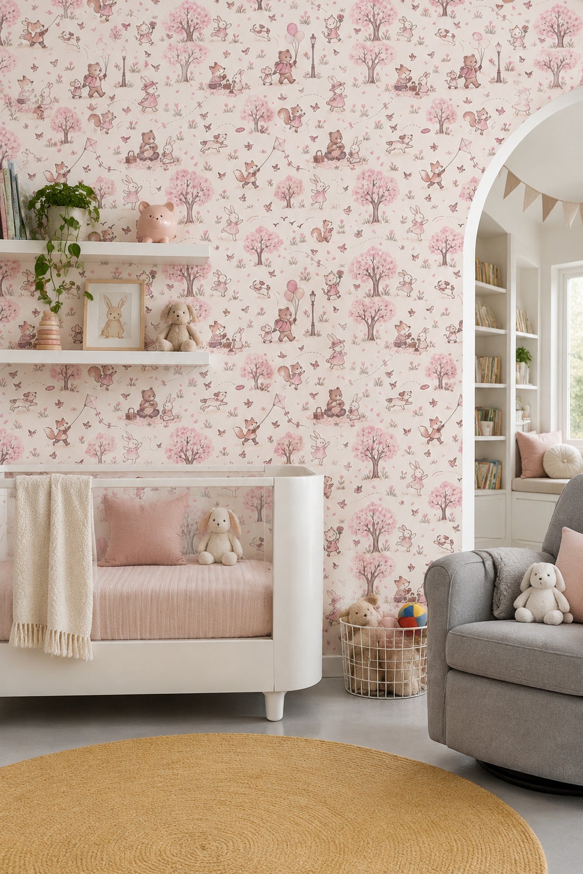 Woodland Animals Wallpaper Pink Blossoms Watercolor Pattern