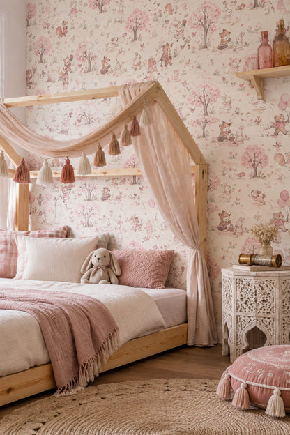 Woodland Animals Wallpaper Pink Blossoms Watercolor Pattern