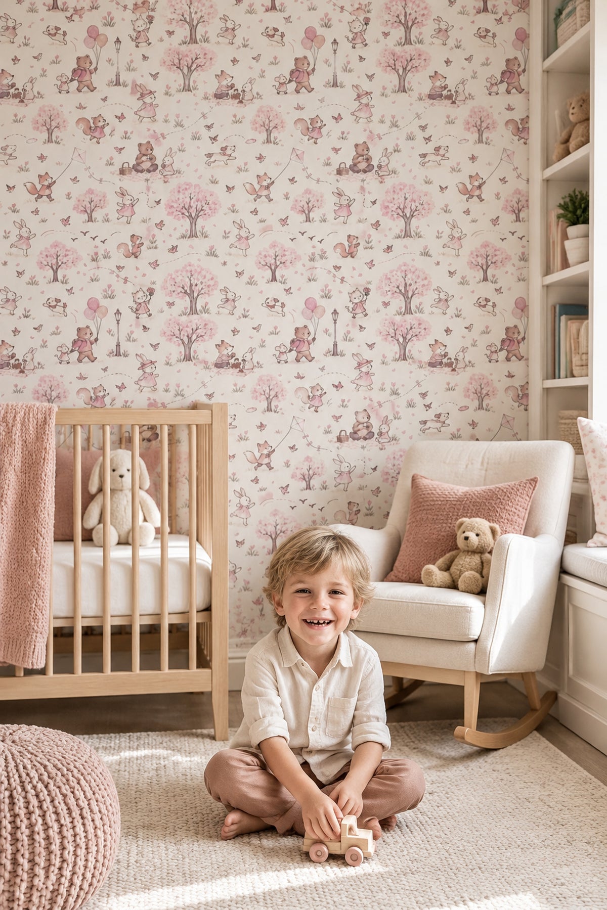 Woodland Animals Wallpaper Pink Blossoms Watercolor Pattern