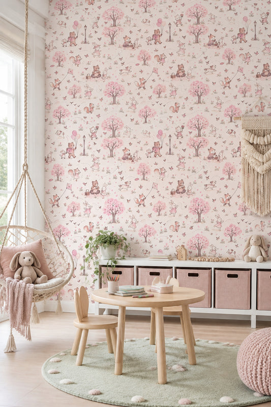 Woodland Animals Wallpaper Pink Blossoms Watercolor Pattern