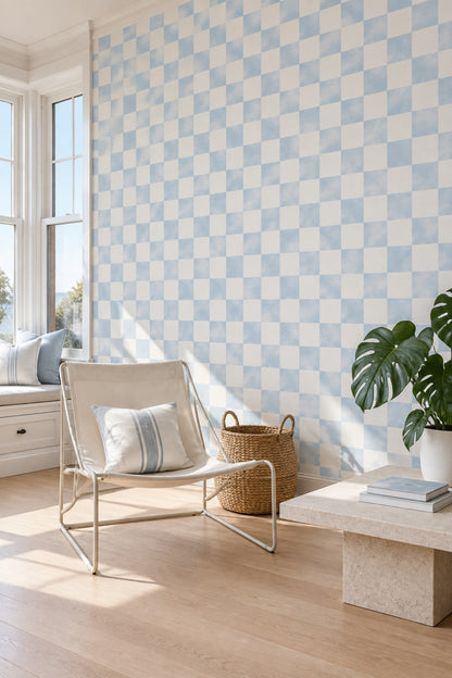 Checkered Wallpaper Pastel Blue And Cream Grid