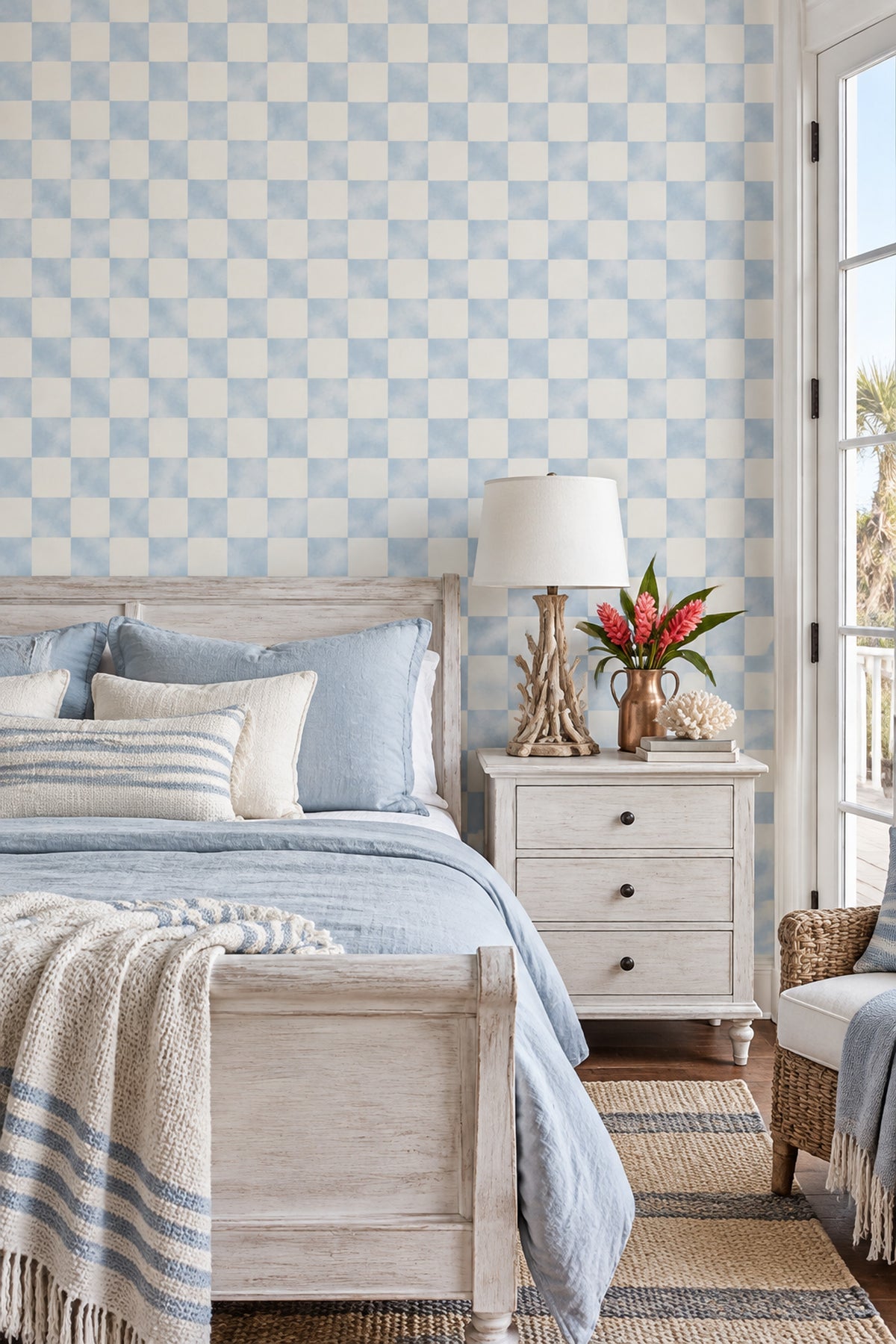 Checkered Wallpaper Pastel Blue And Cream Grid