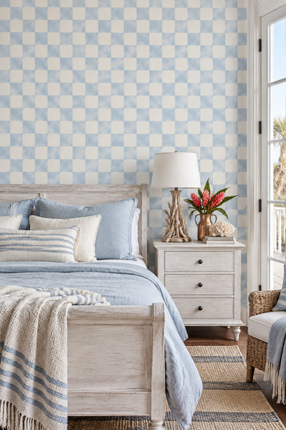 Checkered Wallpaper Pastel Blue And Cream Grid