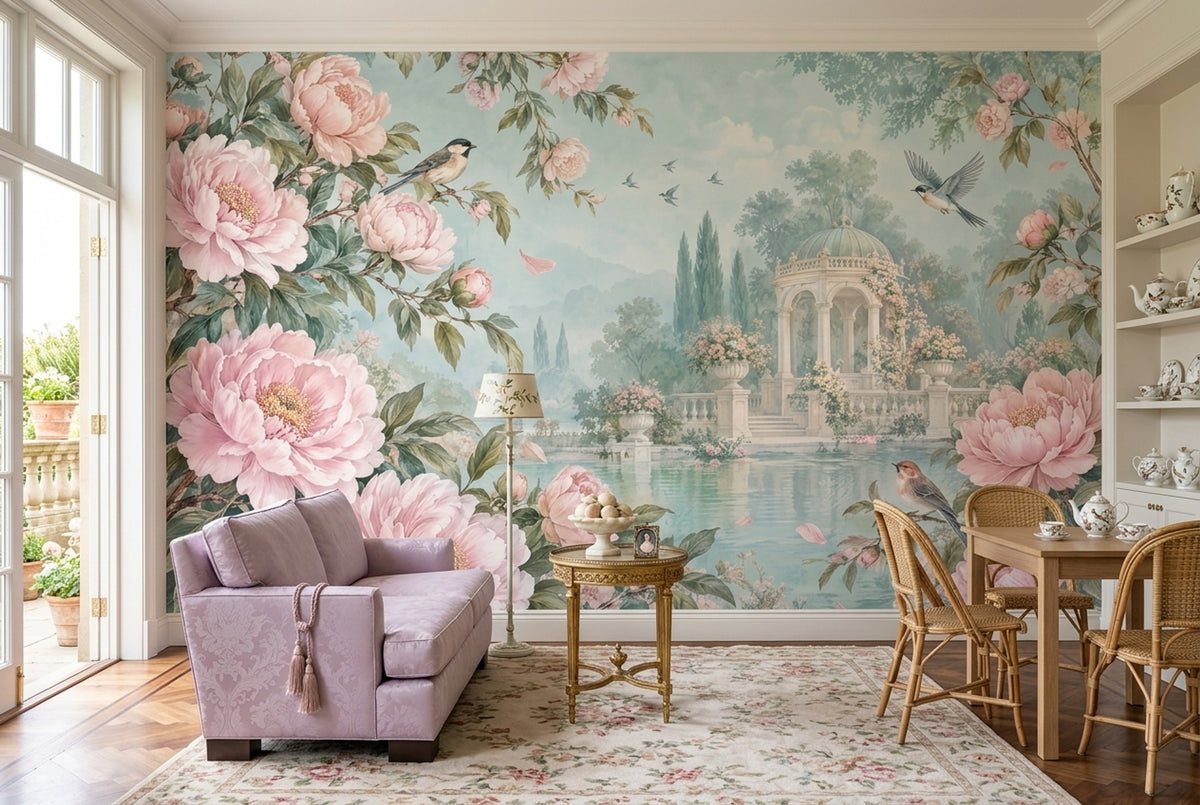 Pink Peonies Wallpaper Classical Pavilion Wall Mural
